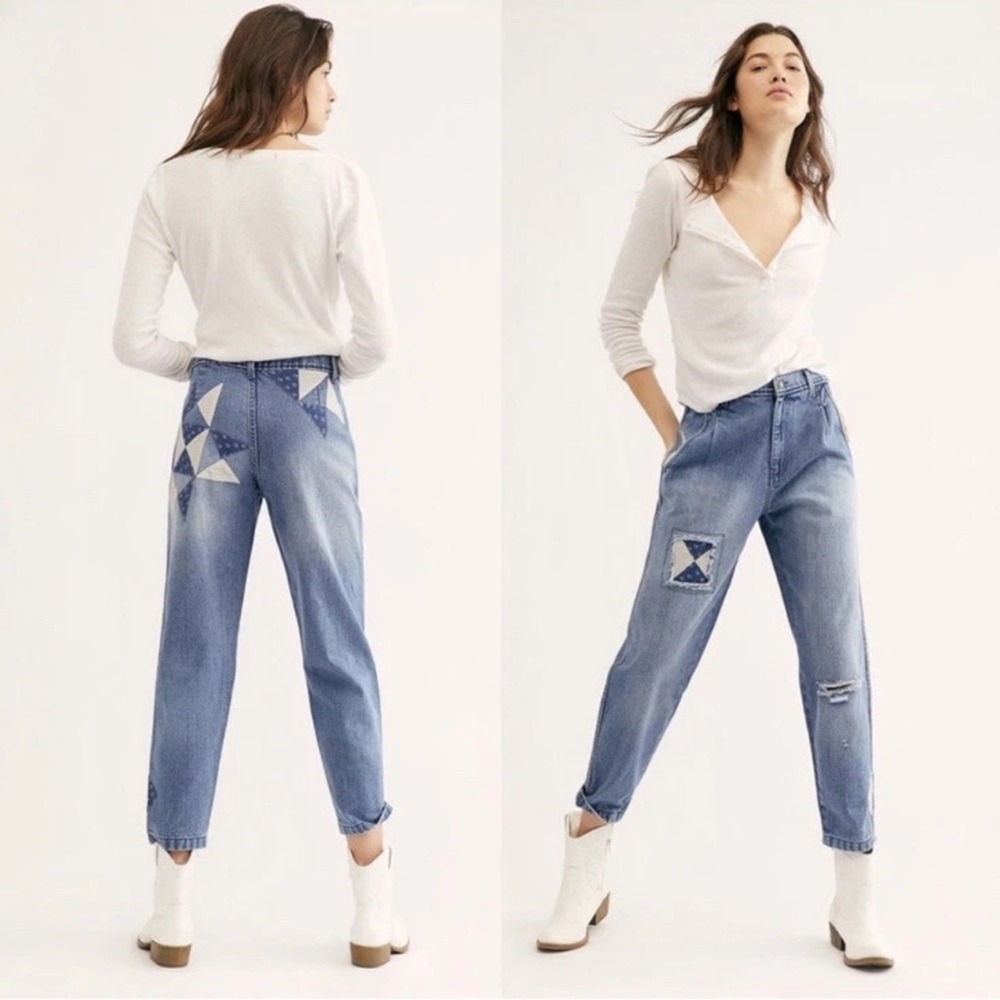 FP We The Free Down To Earth Patched Ripped Tapered Blue Jeans Sz 29 Boho Hippie